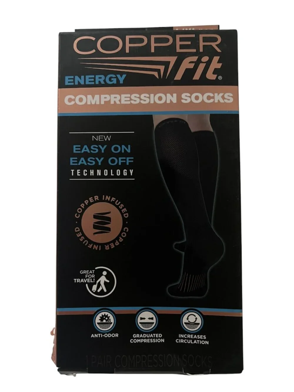 Copper Fit Energy Compression Socks L/ XL Unisex Black New Travel Box Has Flaw